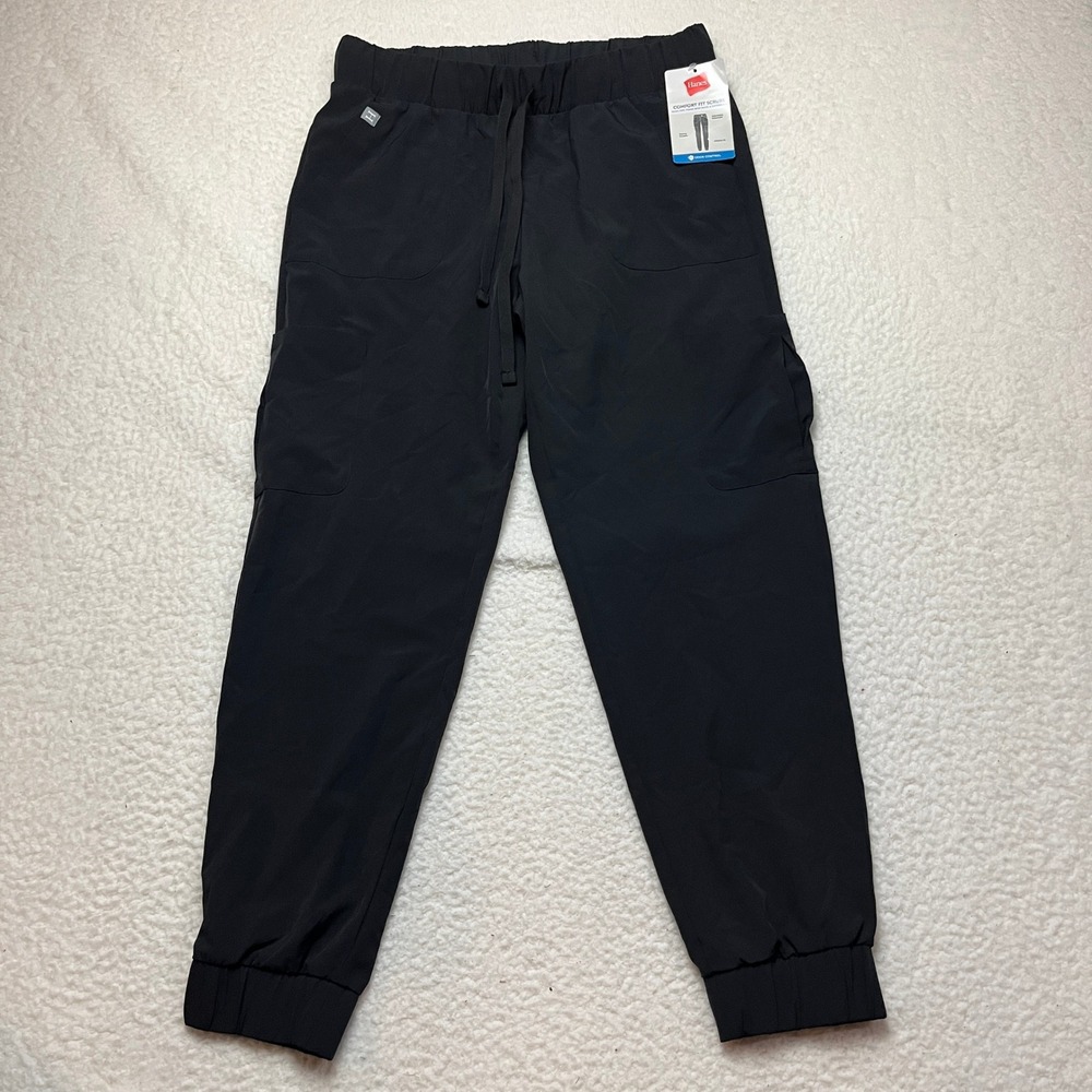Hanes Scrub Pants Womens Medium Black Comfort Fit Jogger Cargo HSA101 Stretch - Picture 2 of 11
